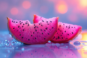 Vibrant pink dragon fruit slices wit, a Photo by Tanuart