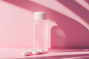 Clear bottle, white pills on pink, a Photo by Beautiful things