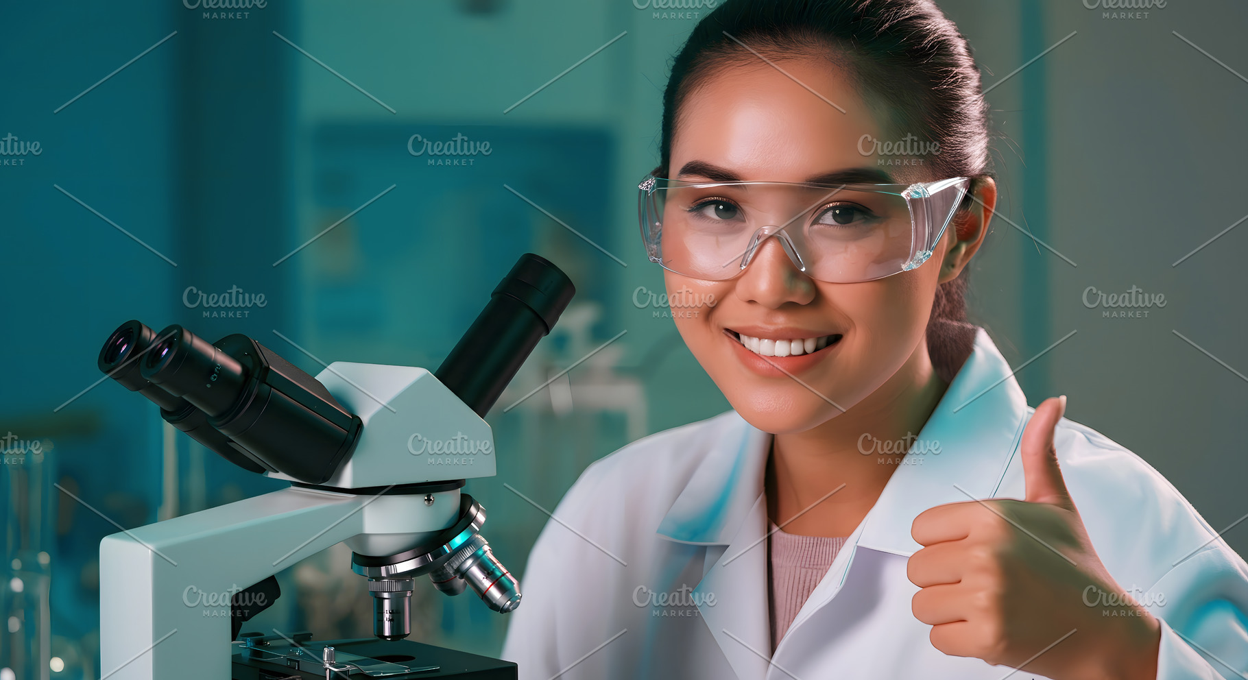 Asian Scientist Giving Thumbs Up in, an Abstract Photo by Stock Shape
