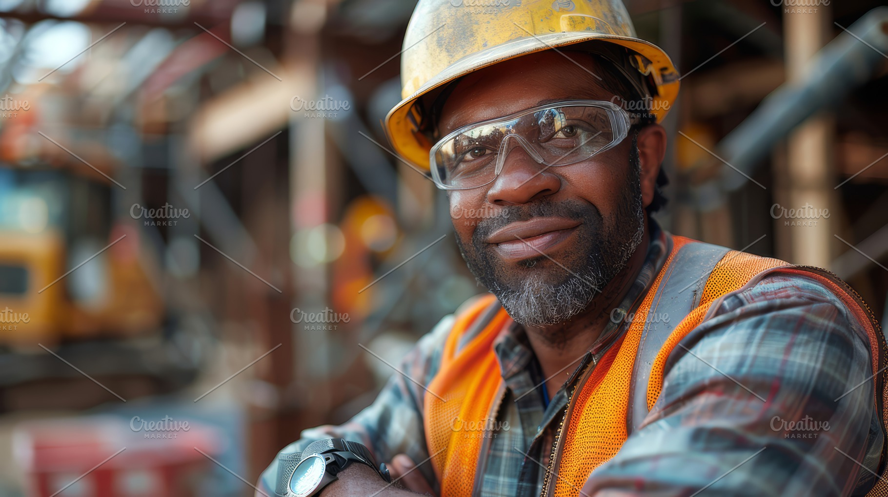 Confident Indian Construction Site Manager at Work with Heavy Machinery in Back, a Photo by AS photostudio