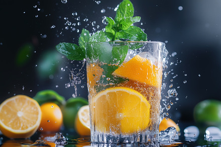 A refreshing drink with mint leaves and orange slices splashing in a glass, sur, a Food & Drink Photo by Textures & Backgrounds