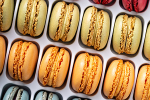 Colorful french macarons in a box
