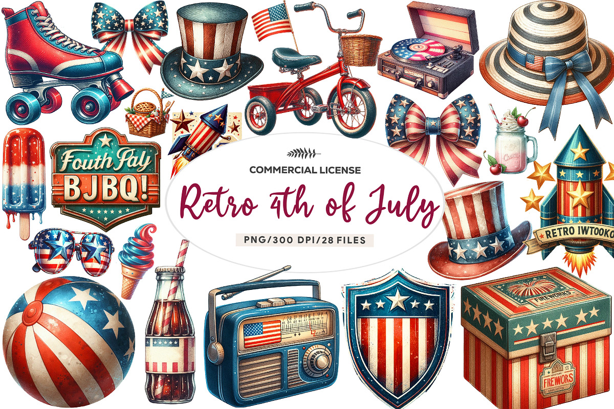 Watercolor Retro 4th of July Clipart, an Illustration by CreationArt (Photo 1 of 9)