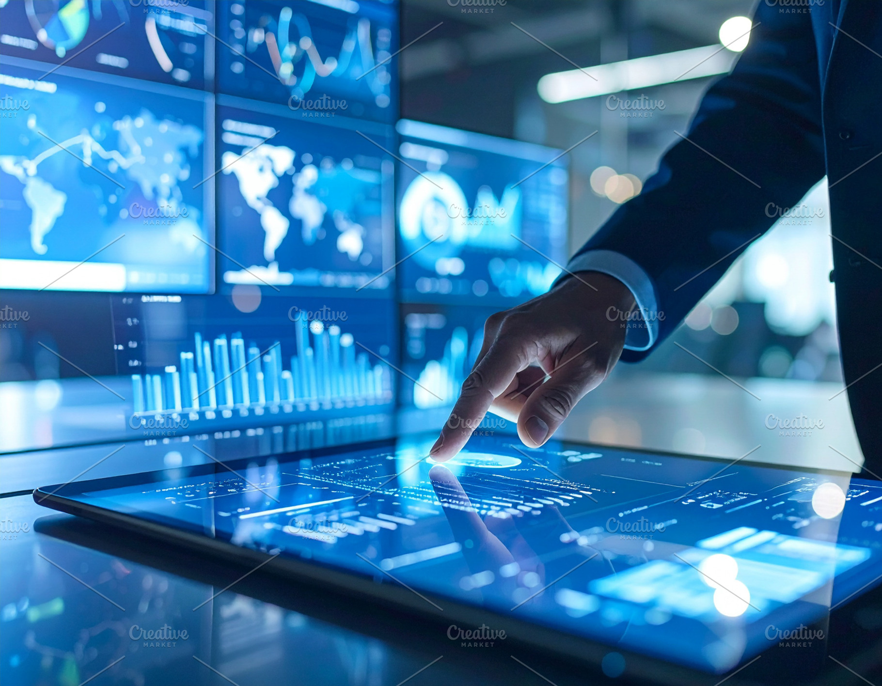 Business professionals hands on a sleek digital touchscreen dash, a Technology Photo by DanFLCreativo
