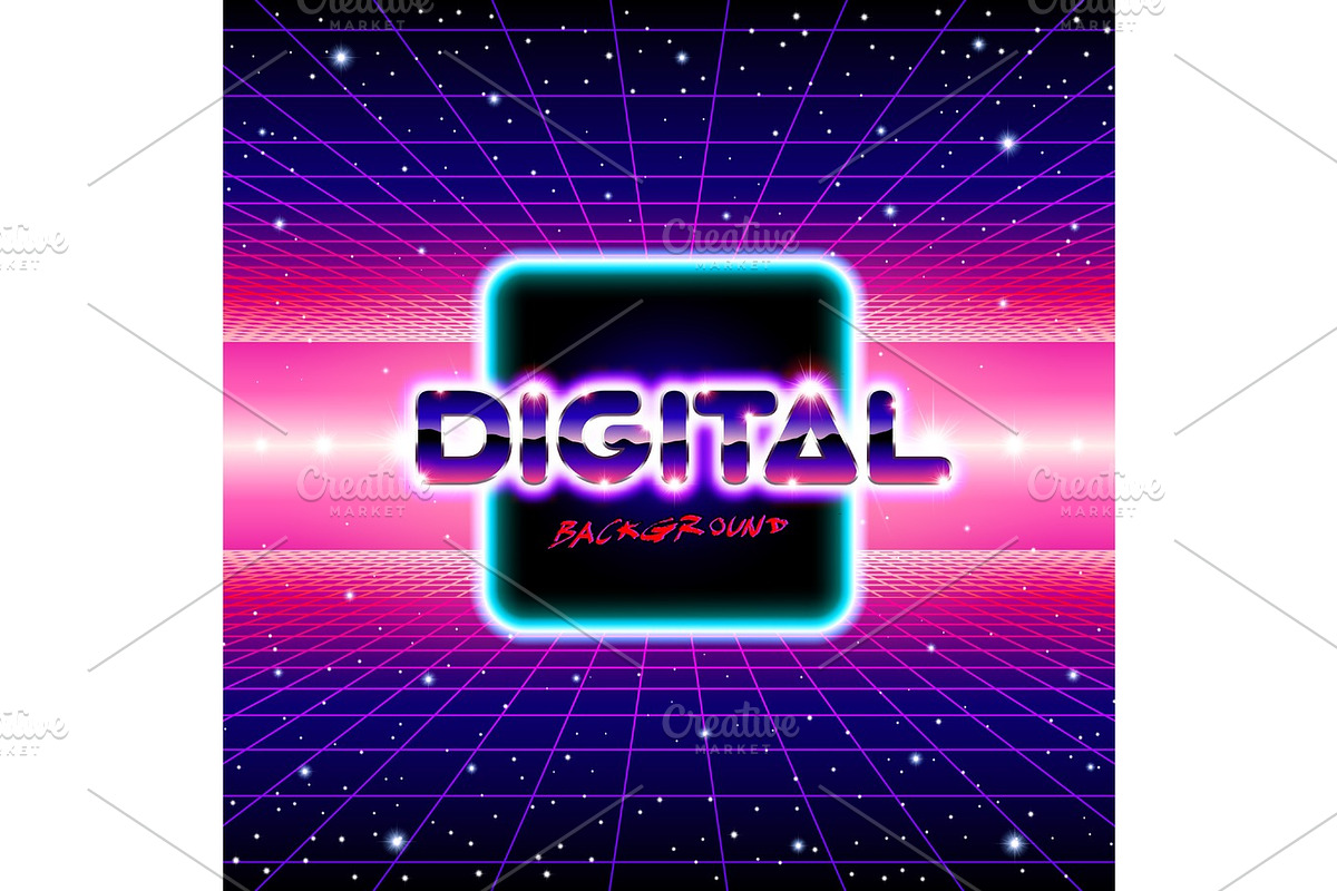 Retro styled futuristic landscape with lettering and shiny grid, an Illustration by Swillklitch