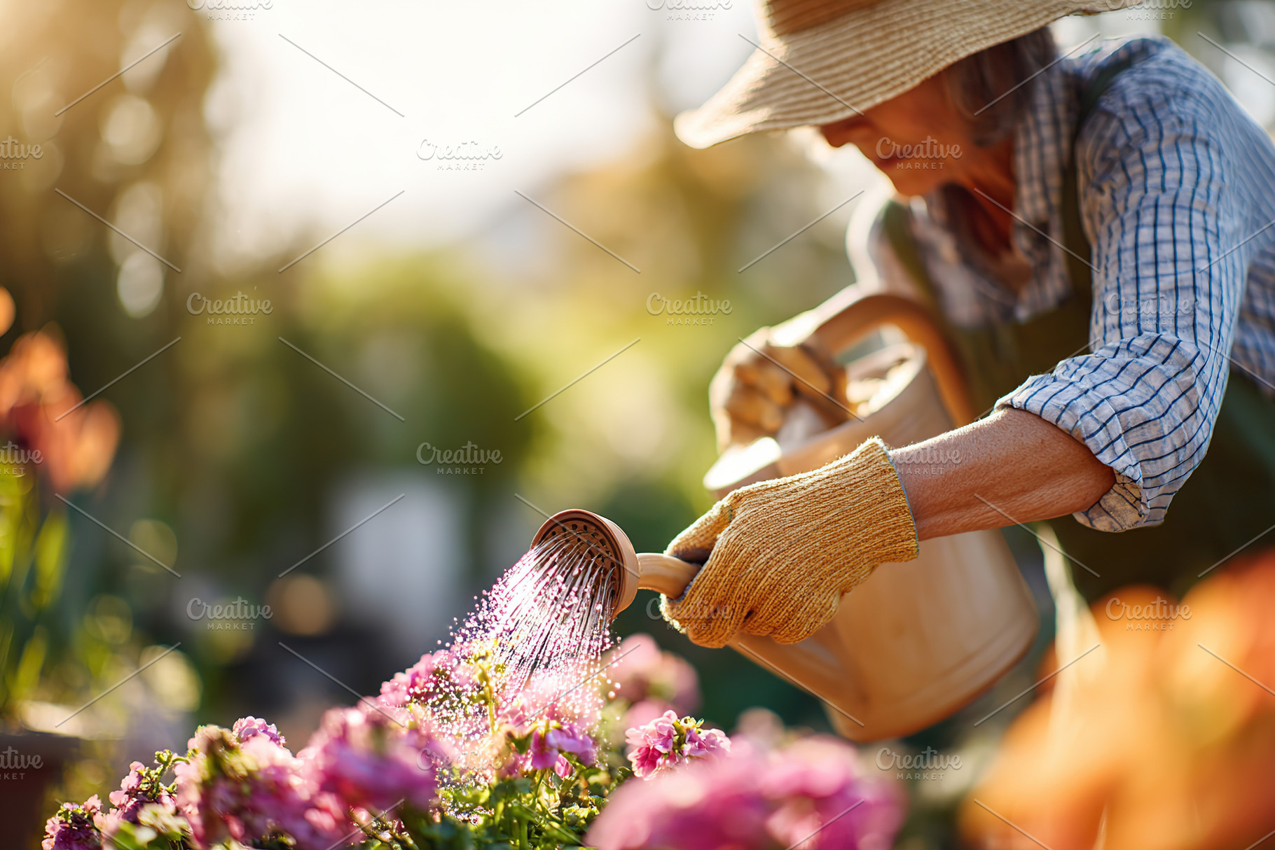 Enjoying a sunny day in the backyard while watering vibrant flowers, a Person Photo by AlyaAnd