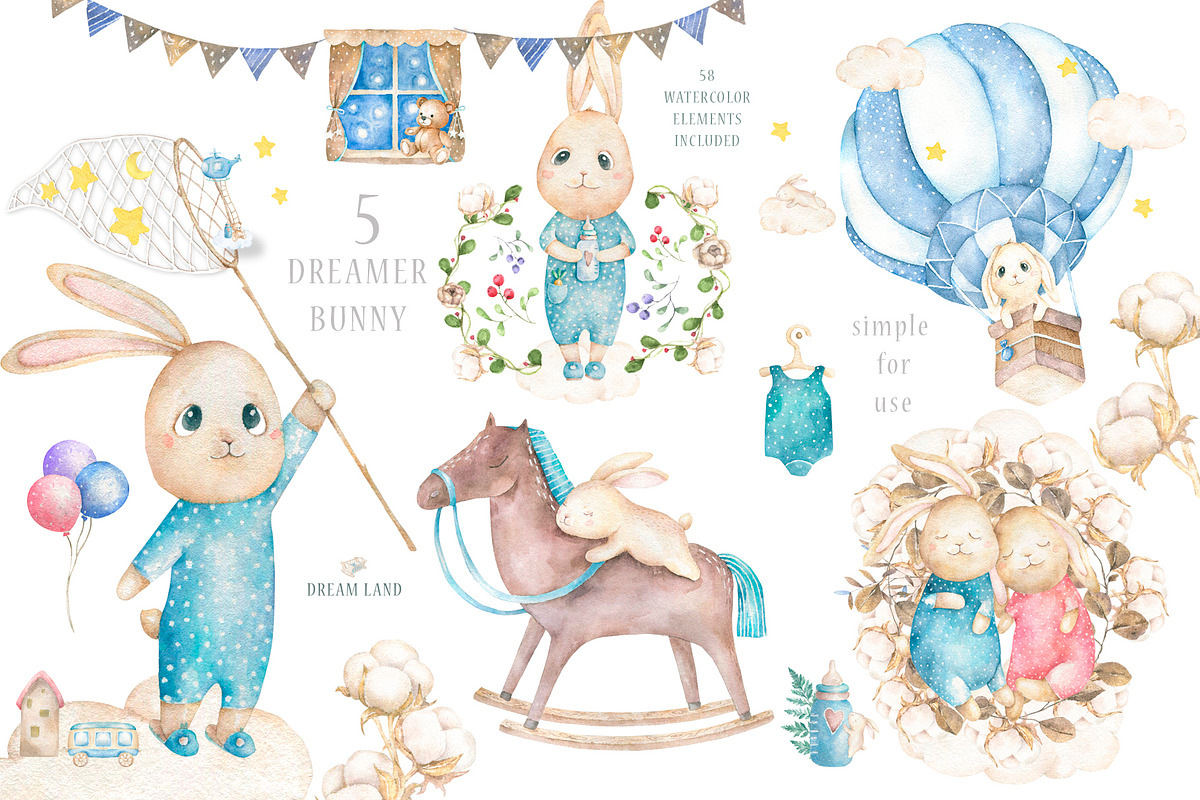 Dream Land Watercolor cute Bunnys, an Animal Illustration by Ann Art Houze (Photo 2 of 6)
