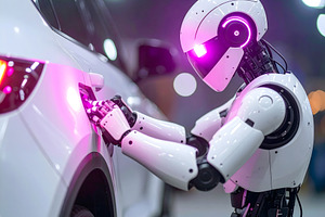 Humanoid robot repairing car door under neon pink lights, a Technology Photo by GoodGoods
