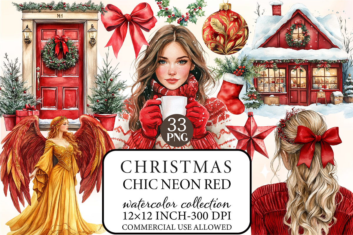 Chic Neon Red Christmas Clipart, an Illustration by Libby Wishes (Photo 1 of 7)