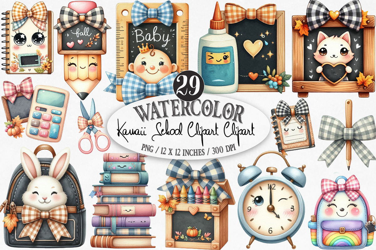 Watercolor Kawaii School Clipart, an Illustration by Designking (Photo 1 of 4)