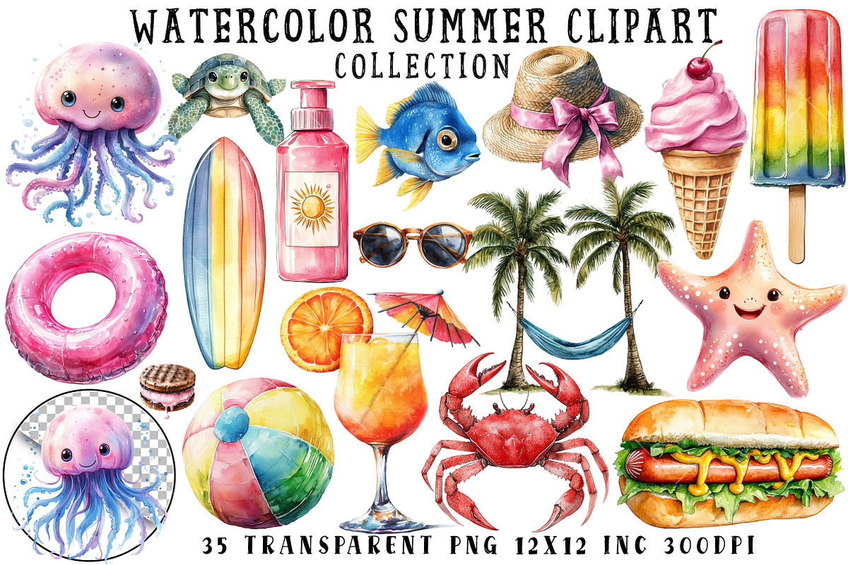 Watercolor Summer Clipart, an Illustration by OK Design (Photo 1 of 6)