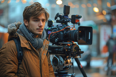 Young Male Director of Photography Operating Professional Camera Outdoors, a Photo by AS photostudio