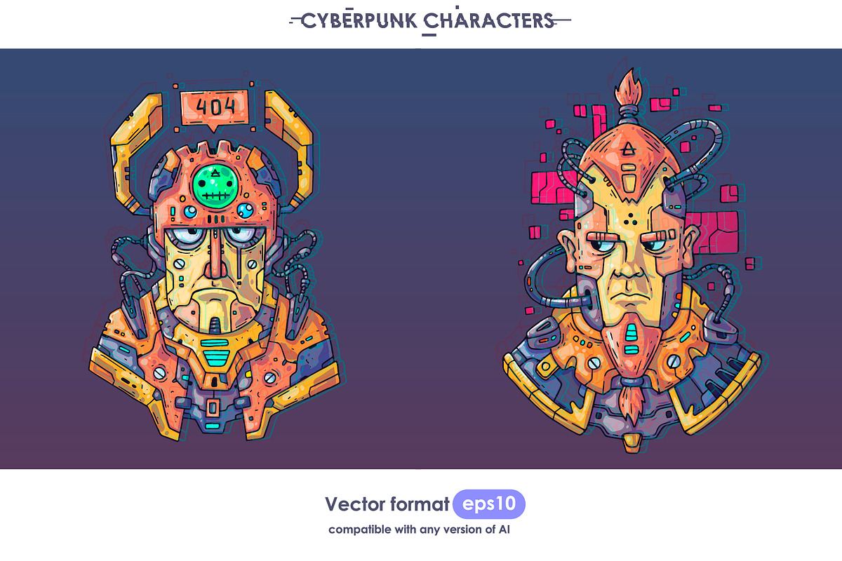 16 Cyberpunk Characters, a Technology Illustration by Andrew_Derr (Photo 3 of 8)