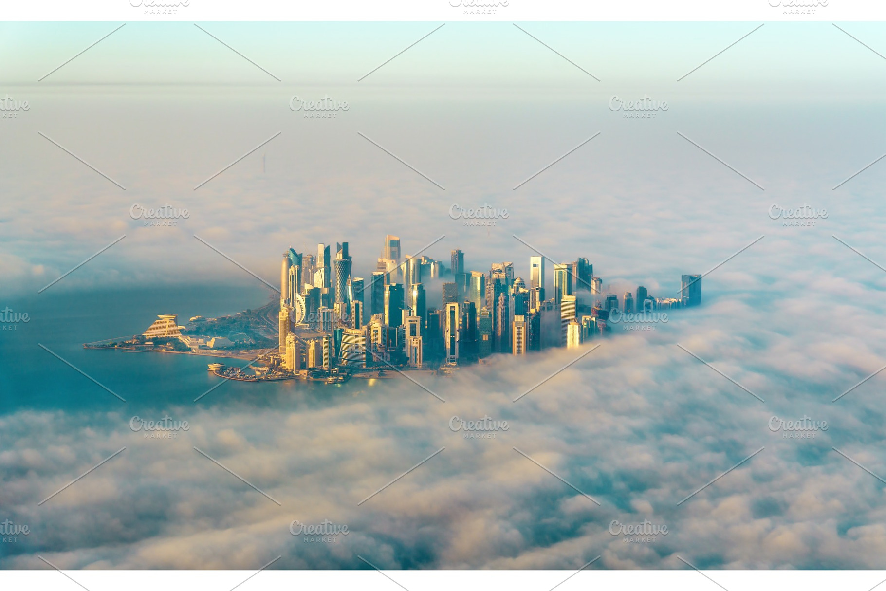 Aerial view of doha through the morning fog qatar the persian gulf stock, a Transportation Photo by Leonid Andronov