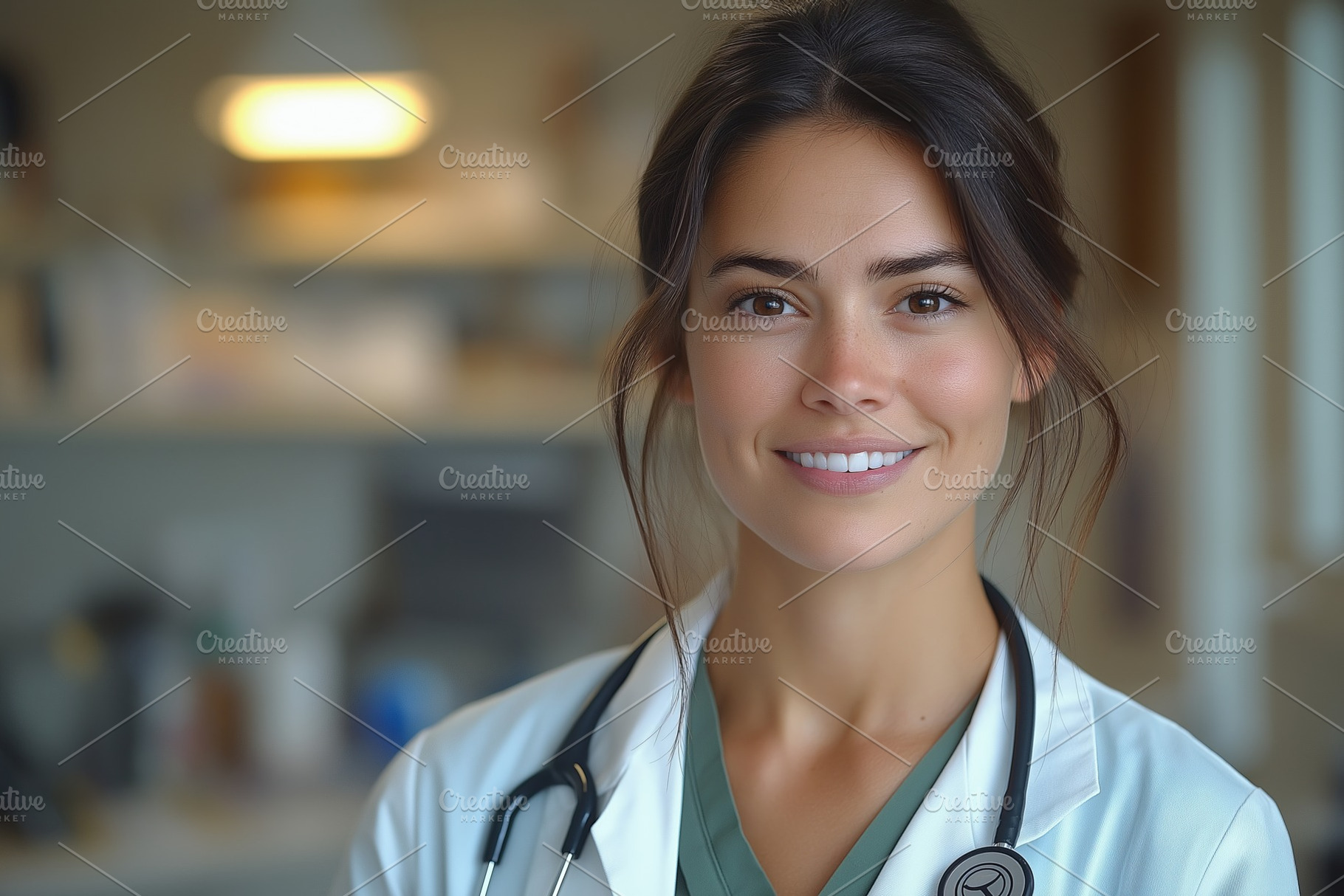 Smiling female doctor with brown hair, wearing a white coat and stethoscope, ex, a Person Photo by ImageMir