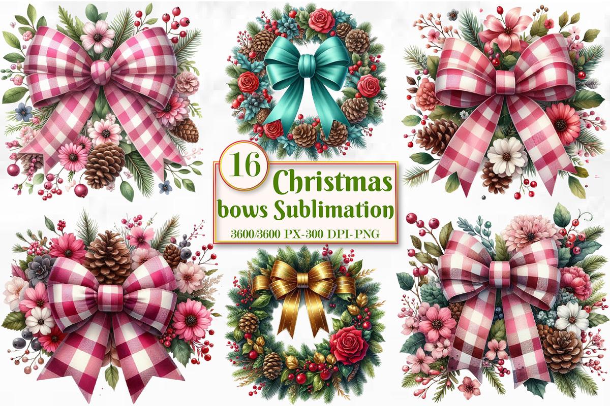 Christmas bows Sublimation Clipart, a Seasonal Illustration by Craft Nest (Photo 1 of 5)