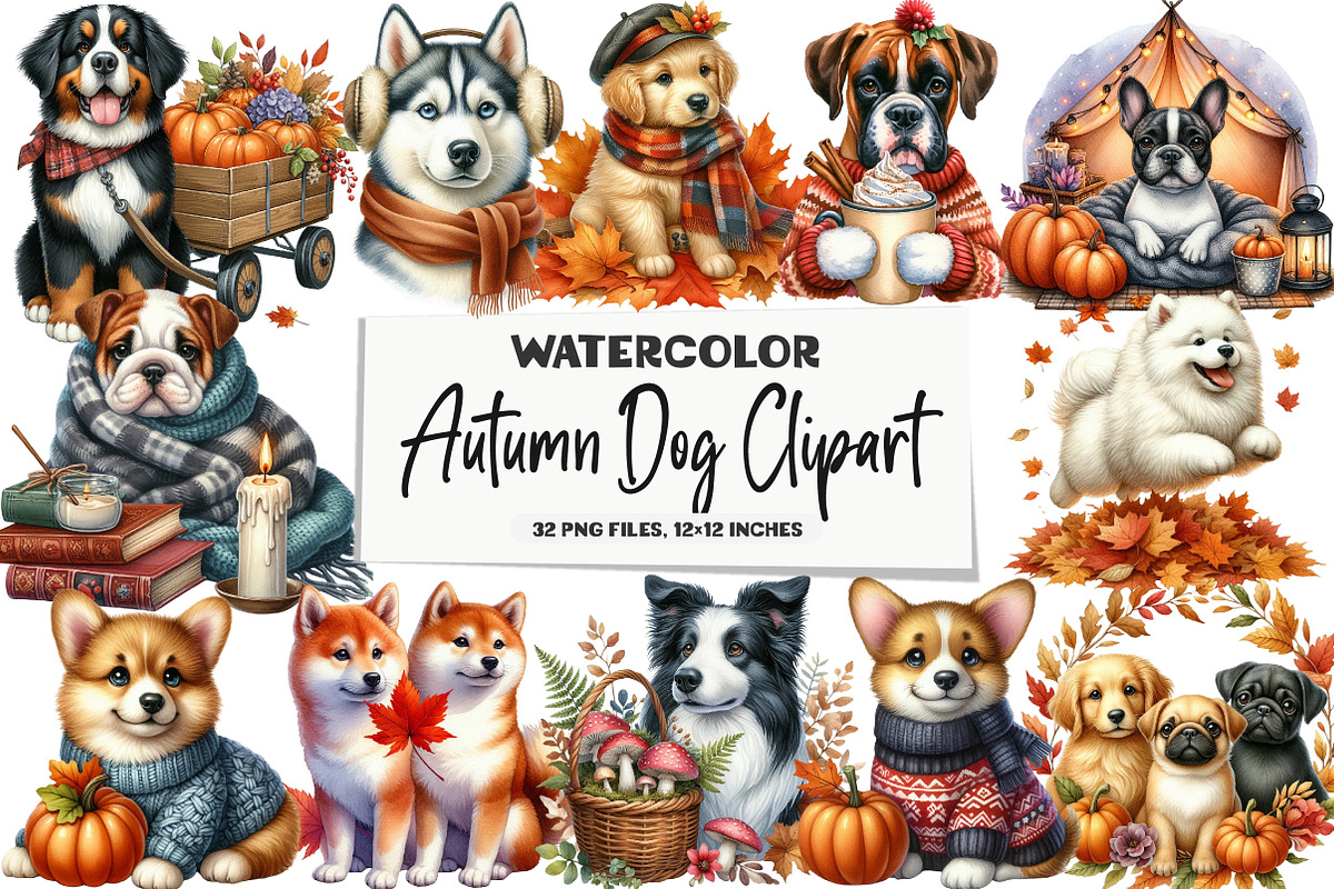 Watercolor Autumn Dog Clipart, a Seasonal Illustration by DreamArtGraphic (Photo 1 of 4)