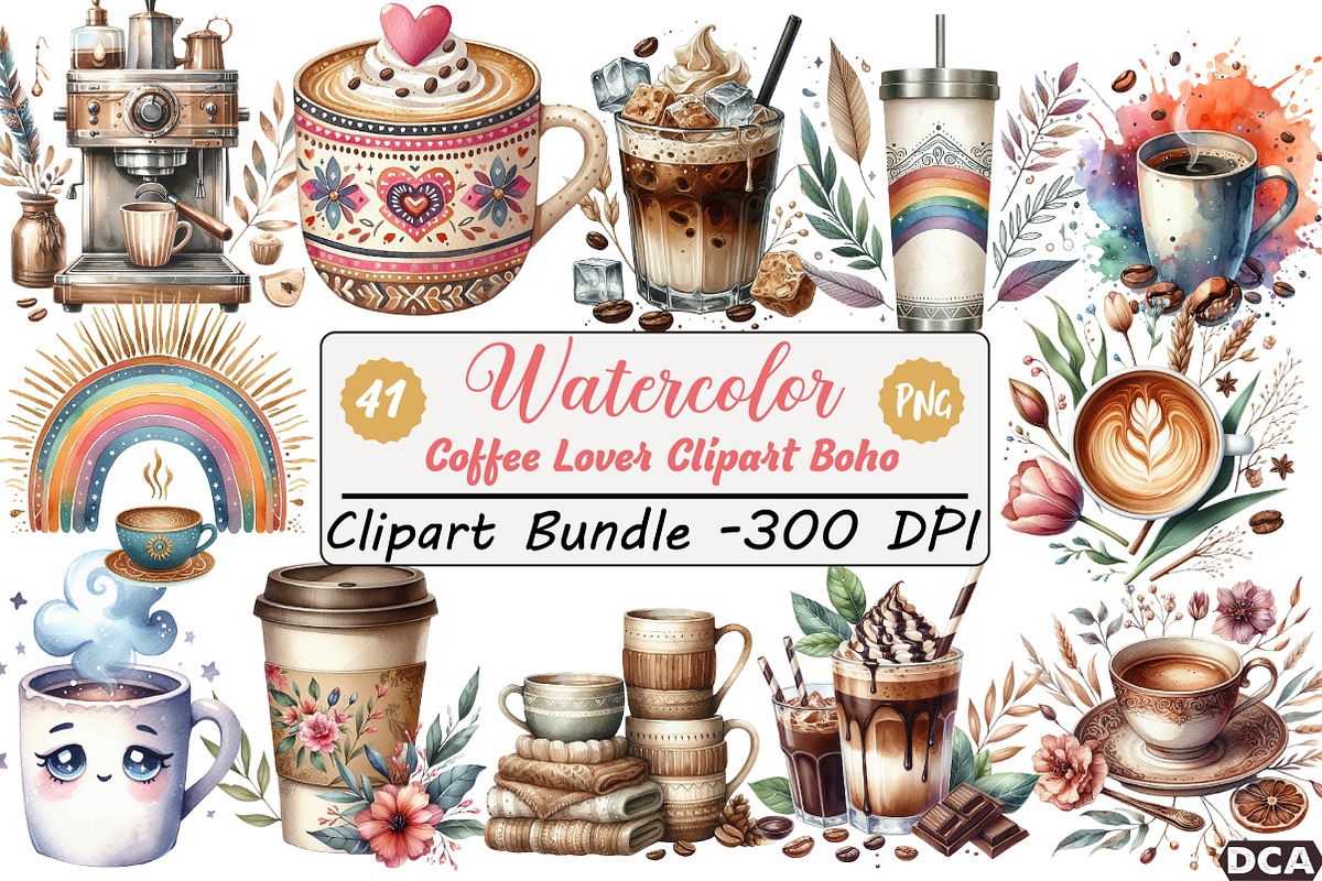 Coffee Lover Clipart Boho, an Illustration by DreamCafeArt (Photo 1 of 7)
