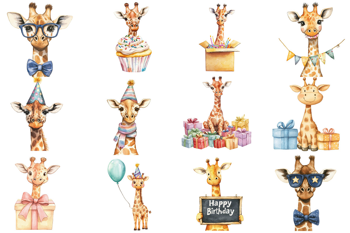 Giraffe Birthday Watercolor Clipart, an Illustration by Designworld (Photo 3 of 5)