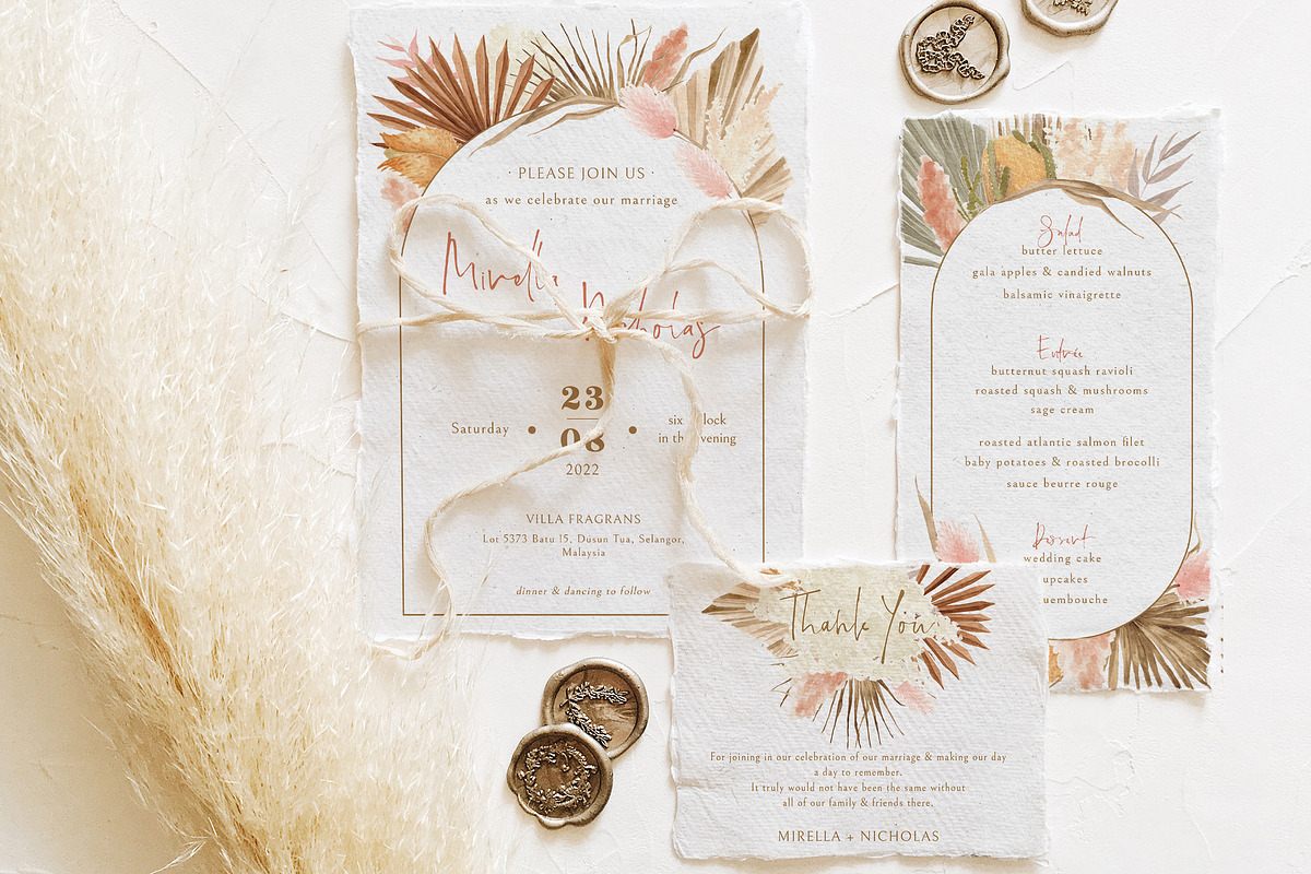 Bohemian Dried Foliage Wedding Suite, an Invitation Template by BlueRobinDesignShop (Photo 2 of 17)