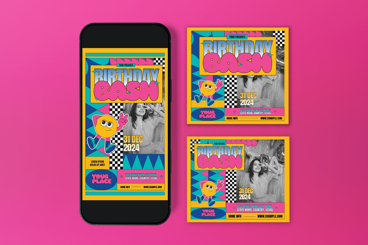 Yellow Pink Birthday Bash Flyer Set, a Flyer Template by graphicook (Photo 3 of 3)