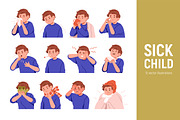 Sick kid boy with cold or flu set, a Person Illustration by Good Studio (Thumbnail 1 of 13)