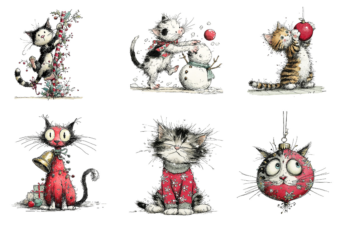 Whimsical Christmas Cats Clipart, an Illustration by CreationArt (Photo 3 of 5)