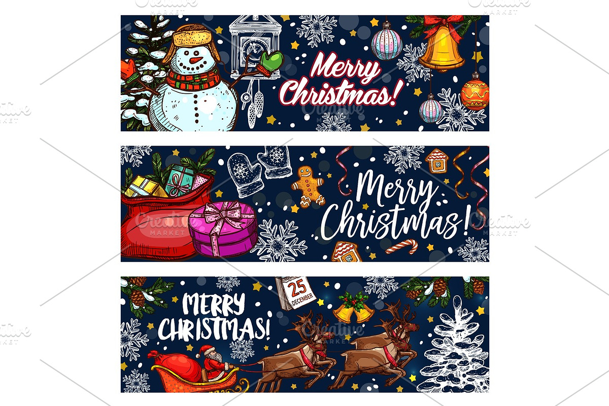 Merry Christmas sketch vector greeting banners, a Decorative ...