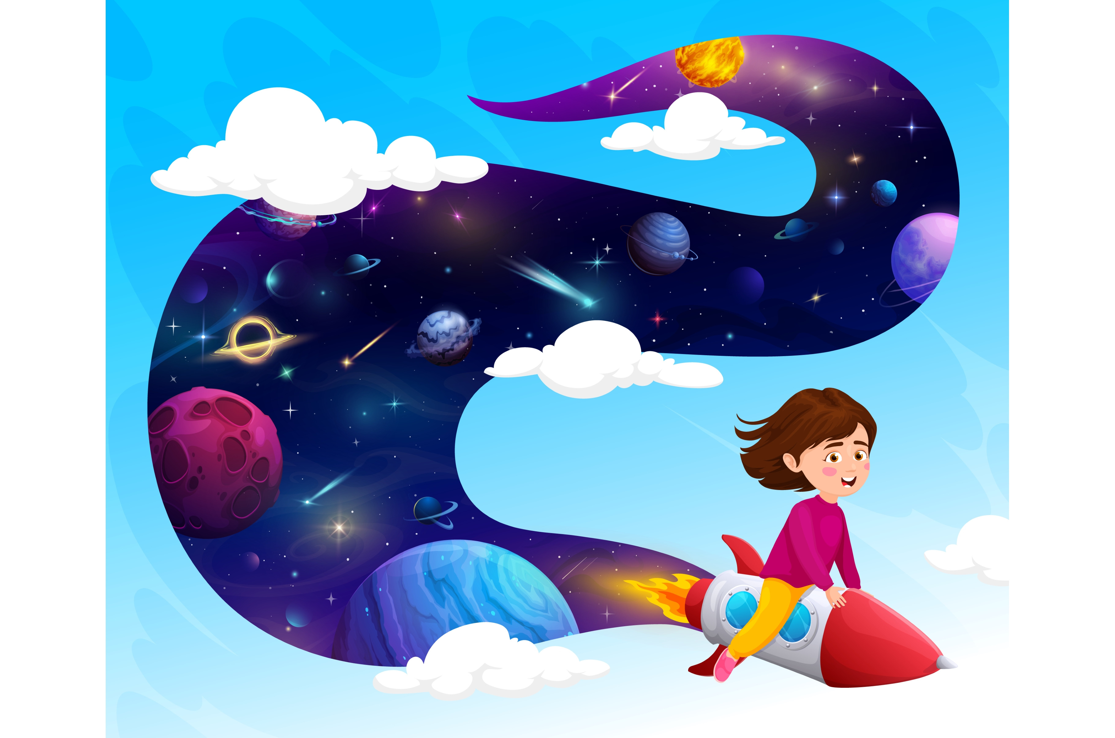Cartoon kid girl flying on rocket, a Person Illustration by Vector ...