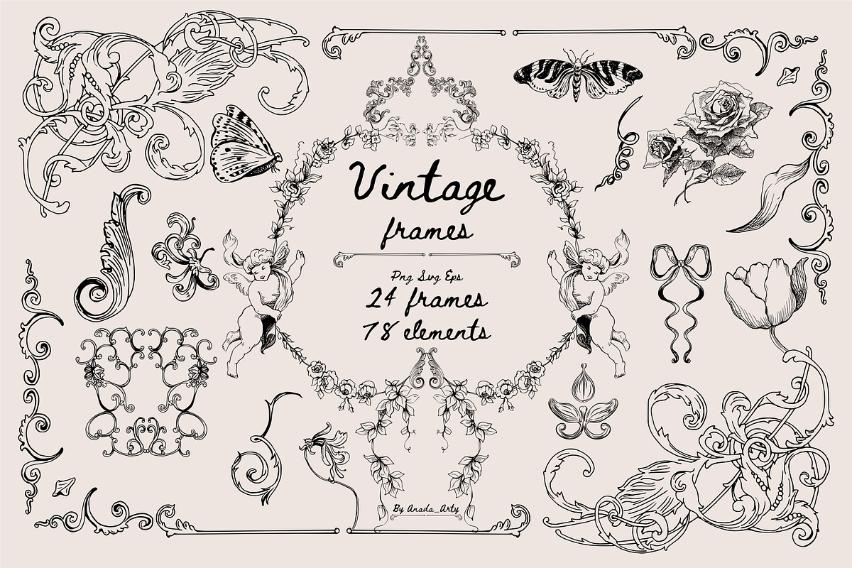 Vintage Frames SVG Clipart PNG, a Decorative Illustration by Anada Arty (Photo 1 of 18)