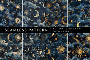 8 Golden Cosmos Seamless Patterns, a Pattern Graphic by Inknfolly