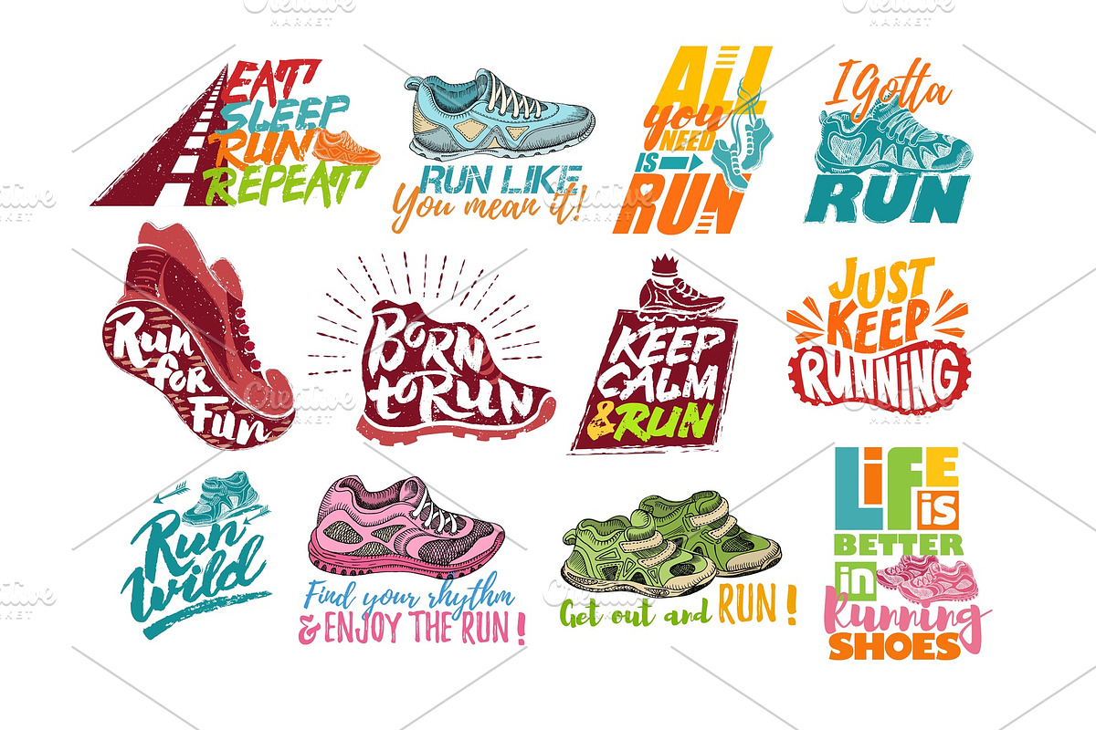 Run lettering on running shoes vector sneakers or trainers with text ...