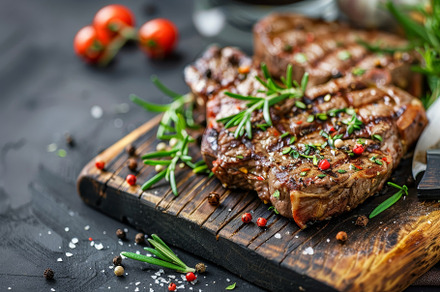 Grilled steak seasoned with herbs an, a Photo by Tanuart