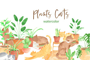 Plants & Cats Watercolor Clipart