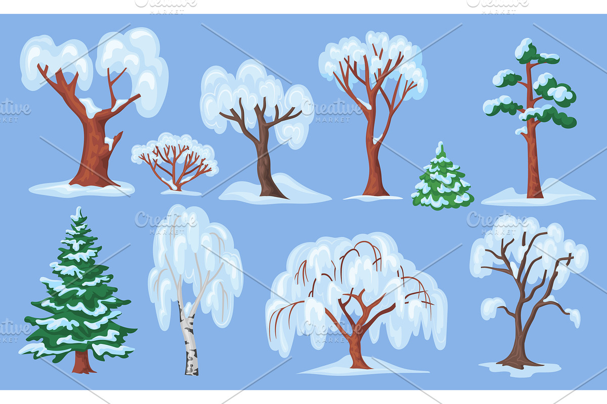 Cartoon snowy trees. Winter spruce, an Illustration by Stock-Smart-Start