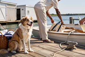 Dog sitting on dock near people prep, a Photo by Dvoevnore photos