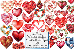 Watercolor Valentine Hearts Clipart, a Seasonal Illustration by Design Market