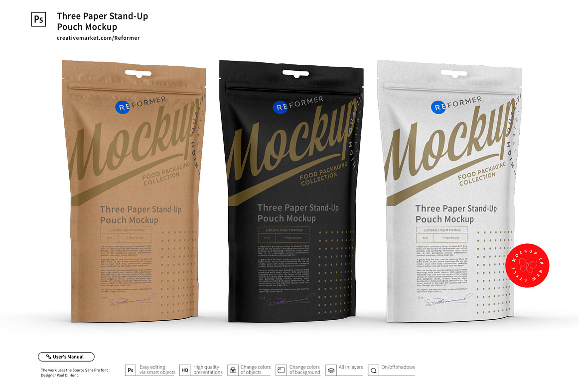 Three Paper Stand-Up Pouch Mockup, a Packaging Mockup by Reformer Mockup