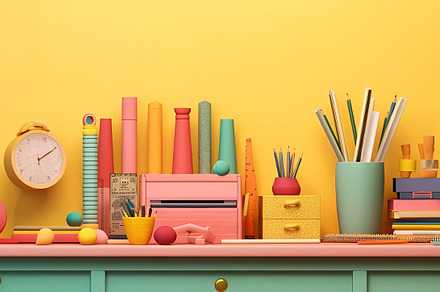 Back to school concept. Different various supplies, stationery at home desk, a School & Education Photo by Lenor4ik