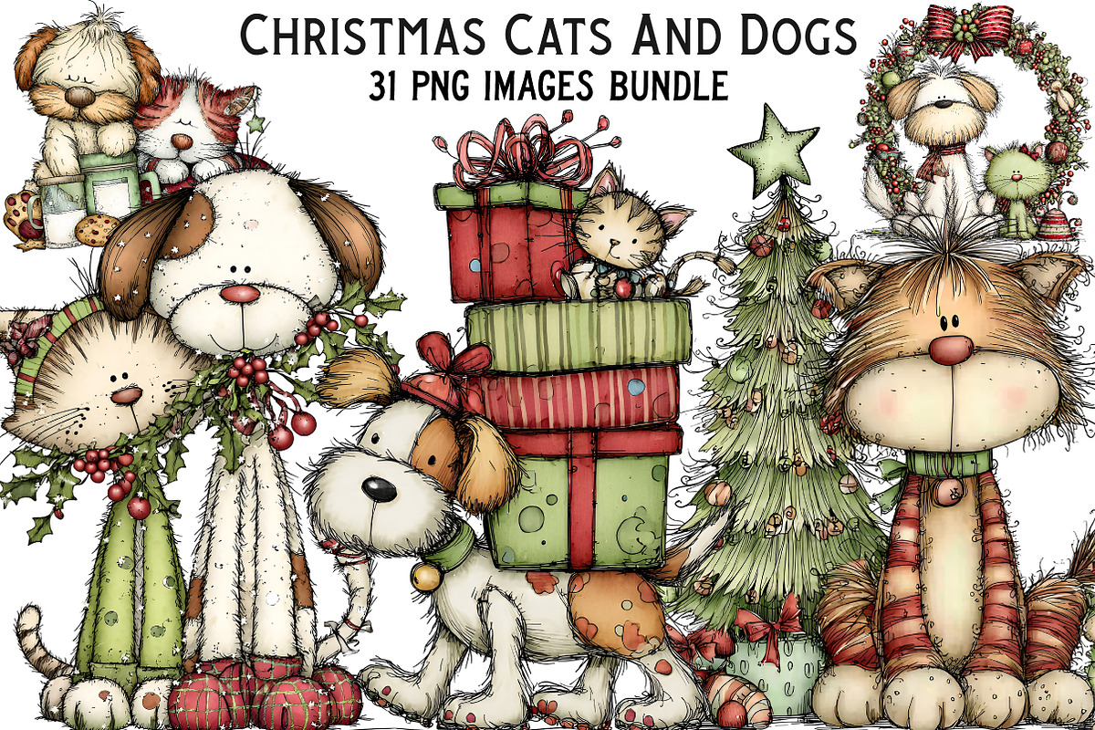 Whimsical Christmas Cats And Dogs, an Illustration by Craft Nest (Photo 1 of 8)