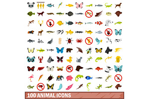 100 Animal Icons Set, Flat Style