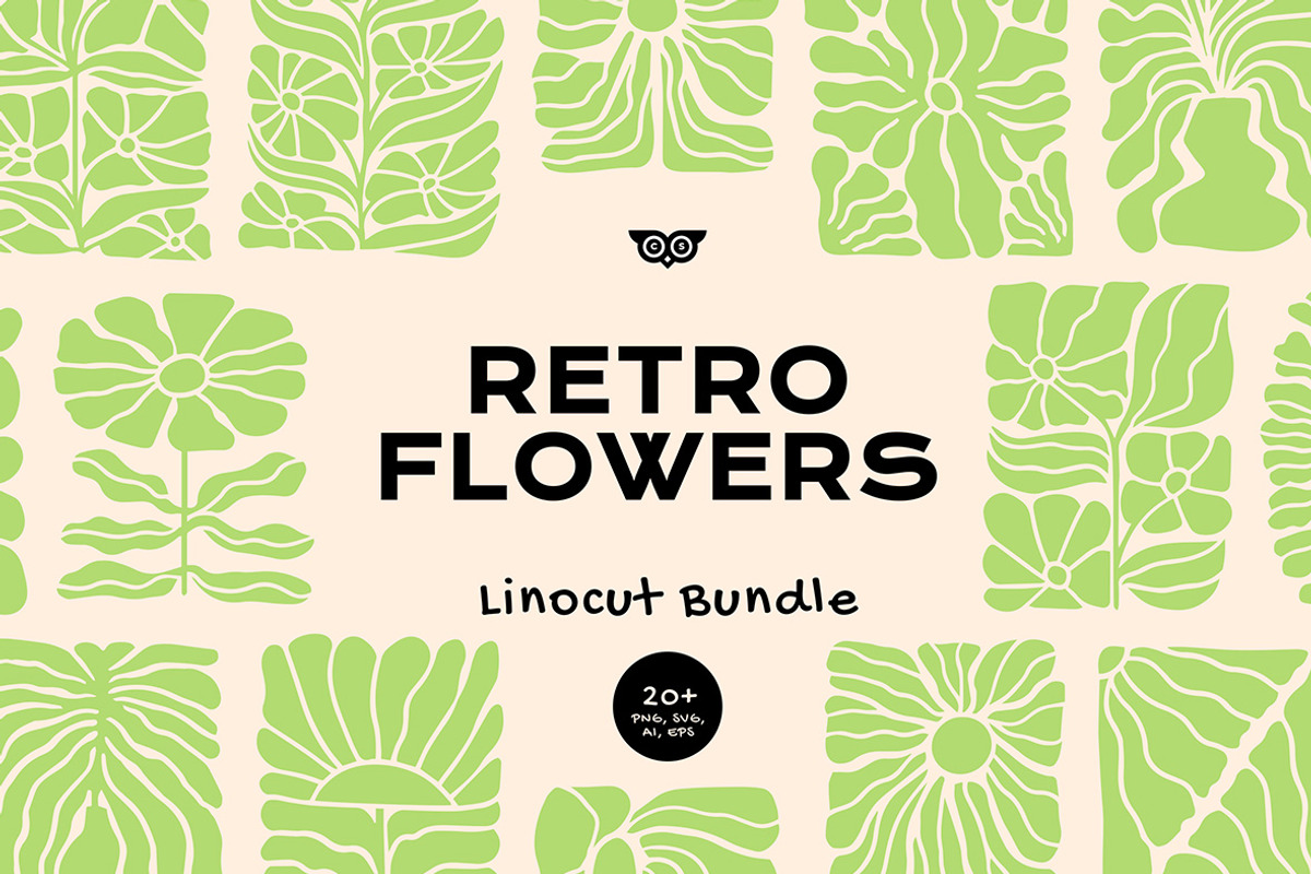 Retro Flowers linocut bundle, an Illustration by ClayStudio (Photo 1 of 8)