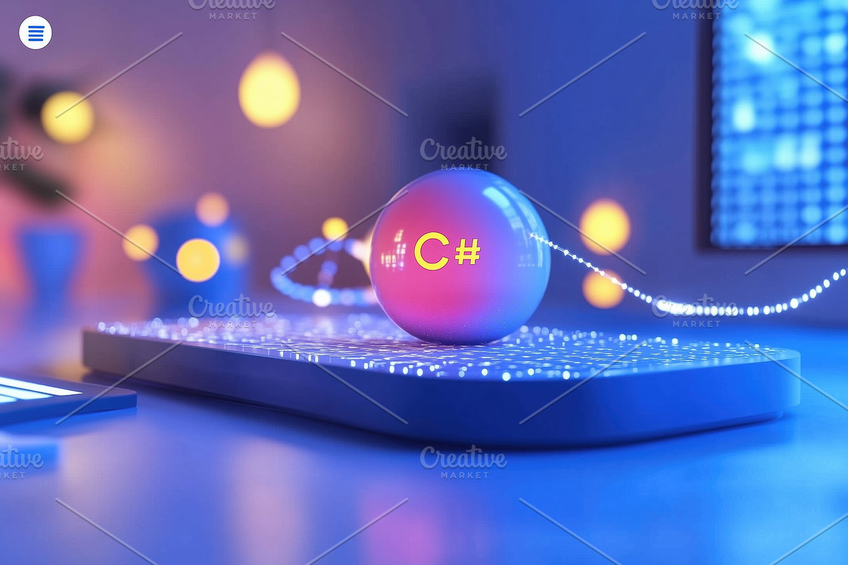 A glowing sphere with the C# programming language logo on a futuristic ...
