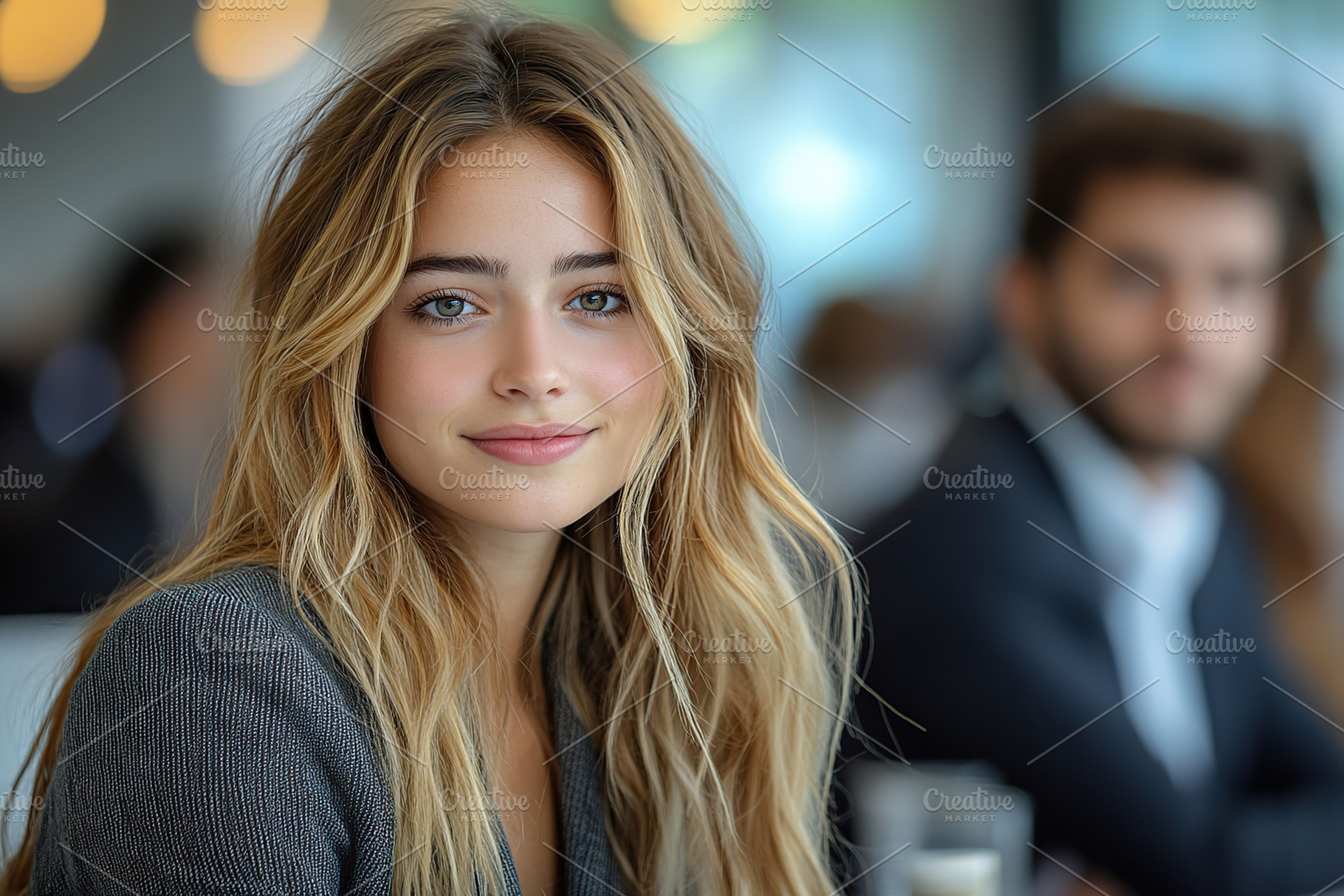 Two young professionals in suits engaged in conversation at a mo, a Person Photo by AlyaAnd