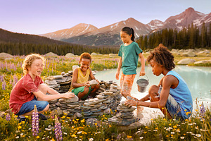 Children building a stone structure together outdoors, a Person Photo by DanFLCreativo