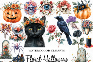 Watercolor Floral Halloween Clipart, an Illustration by Craft Nest