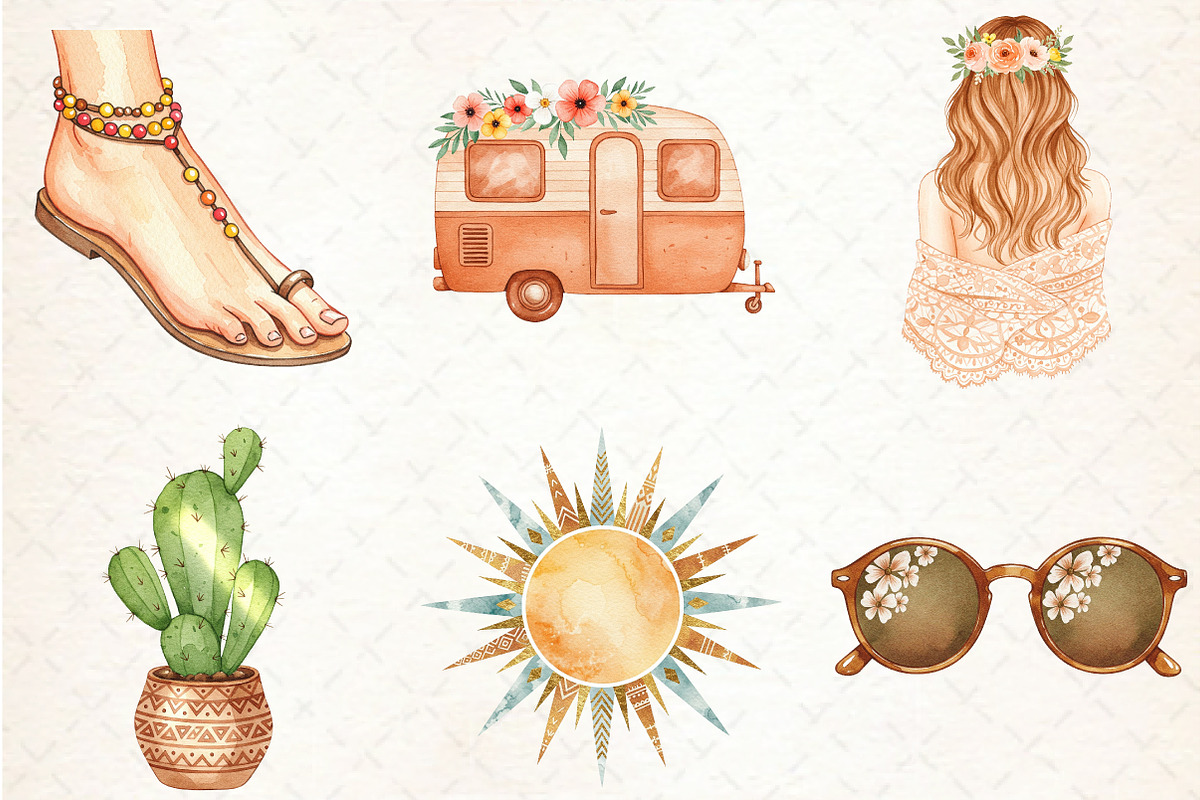 Watercolor Boho Summer Clipart, an Illustration by Libby Wishes (Photo 7 of 7)