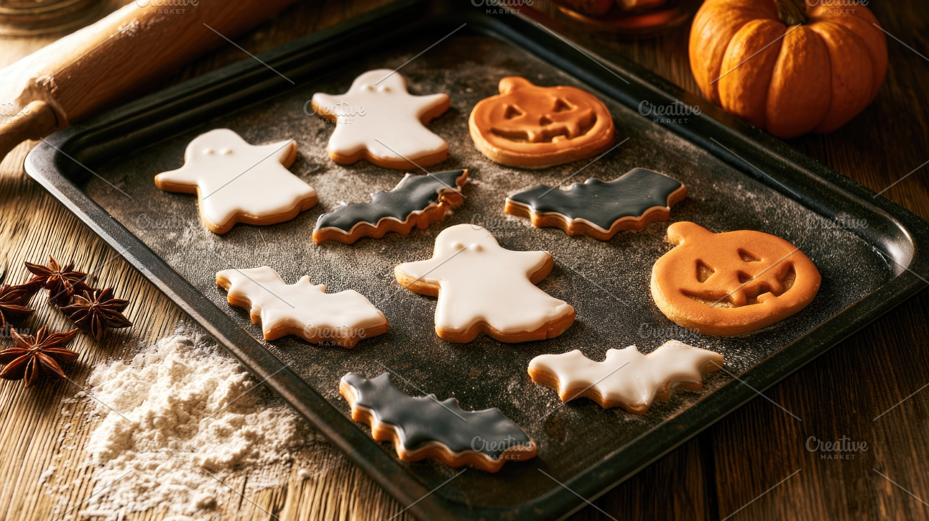 Halloween cookies shaped like ghosts bats and pumpkins, a Food & Drink Photo by José Manuel Gelpi