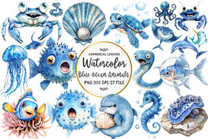 Watercolor Blue Ocean Animals Clipar, an Illustration by OK Design