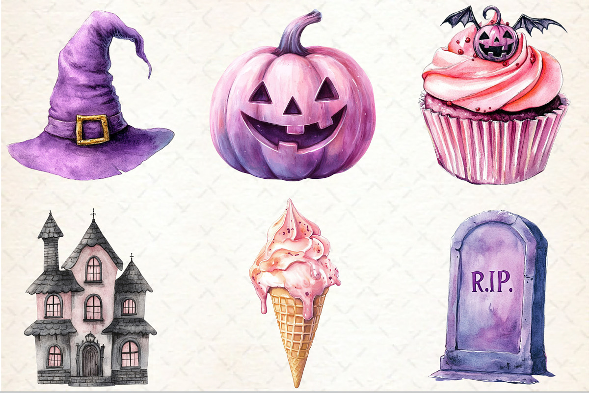 Watercolor Pink Halloween Clipart, an Illustration by Rose Art (Photo 3 of 3)